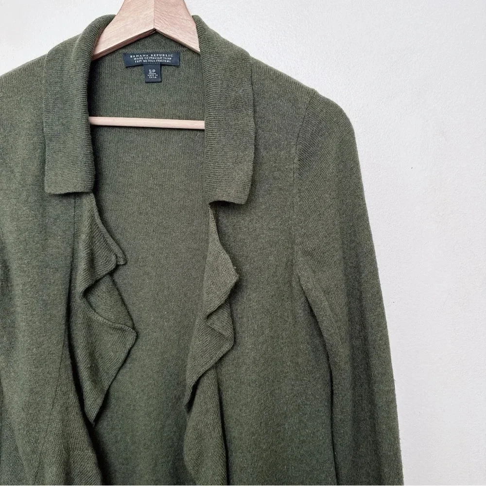 Banana Republic Womens Small Wool Cashmere Ruffle Dark Olive Cardigan